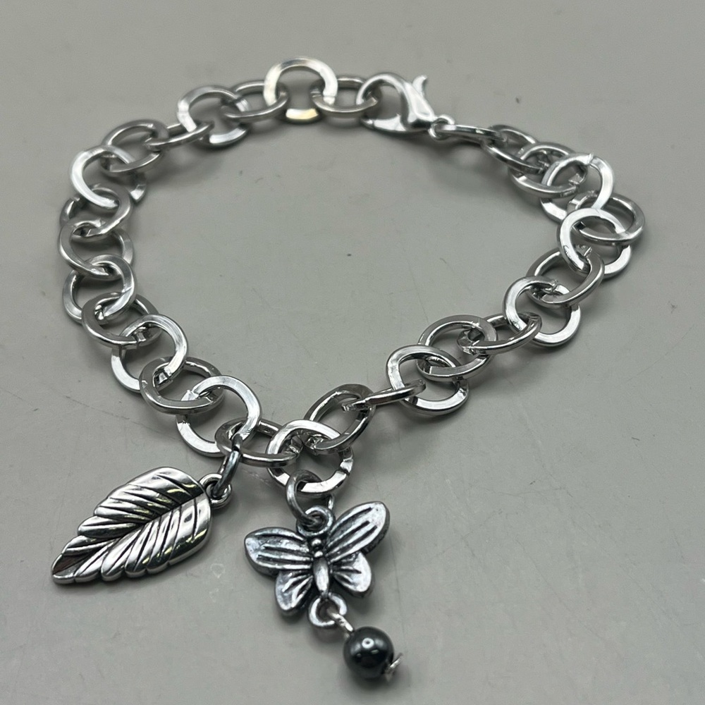 Silver Tone Chain Charm Bracelet Butterfly and Leaf Dangle Nature Inspired